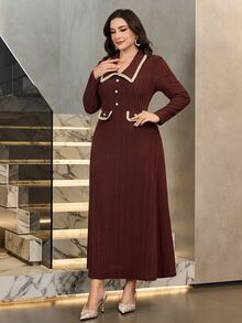 Modelyn Plus Size Women's Colorblock Casual Party & Travel Dress - Coffee Brown - View 4