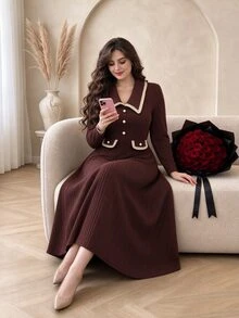 Modelyn Plus Size Women's Colorblock Casual Party & Travel Dress - Coffee Brown - View 1