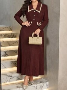 Modelyn Plus Size Women's Colorblock Casual Party & Travel Dress - Coffee Brown - View 3