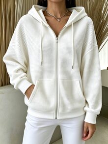 INAWLY Women's Solid Color Zipper Front Casual Drawstring Minimalist Versatile Sweatshirt - White - View 4