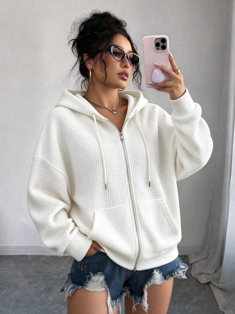 INAWLY Women's Solid Color Zipper Front Casual Drawstring Minimalist Versatile Sweatshirt - White - View 1