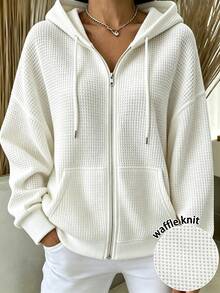 INAWLY Women's Solid Color Zipper Front Casual Drawstring Minimalist Versatile Sweatshirt - White - View 3