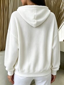 INAWLY Women's Solid Color Zipper Front Casual Drawstring Minimalist Versatile Sweatshirt - White - View 2
