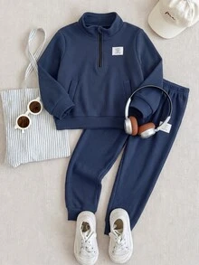 PrepCrw 2pcs/Set Young Boys Casual Kids Comfortable Versatile Collar -Zip Pullover Sweatshirt With Woven And Loose Fit Pants, Suitable For Autumn/Winter - Blue - View 2