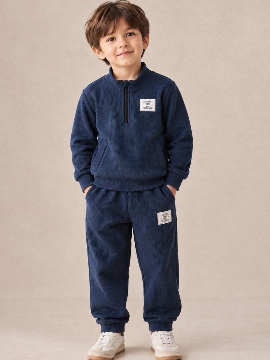 PrepCrw 2pcs/Set Young Boys Casual Kids Comfortable Versatile Collar -Zip Pullover Sweatshirt With Woven And Loose Fit Pants, Suitable For Autumn/Winter - Blue - View 1