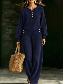 LUMIGAL Women's Solid Color Long Sleeve Top And Pants Casual Knit 2 Pieces Set - Navy Blue - View 8
