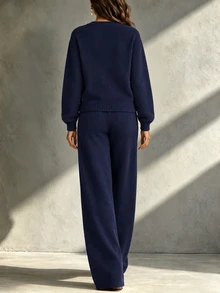LUMIGAL Women's Solid Color Long Sleeve Top And Pants Casual Knit 2 Pieces Set - Navy Blue - View 3