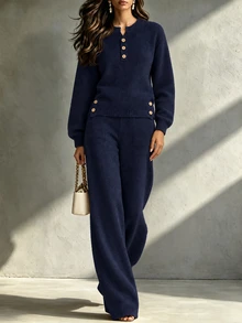 LUMIGAL Women's Solid Color Long Sleeve Top And Pants Casual Knit 2 Pieces Set - Navy Blue - View 4