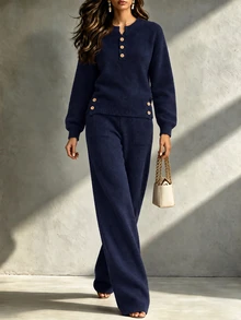 LUMIGAL Women's Solid Color Long Sleeve Top And Pants Casual Knit 2 Pieces Set - Navy Blue - View 5