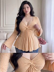 Vibekara Plus Size Front Knot Ruched Textured Fabric T-Shirt - Khaki - View 1