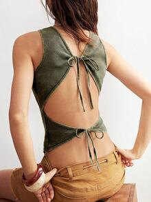 Bohemela 夏季波西米亞風復活節音樂節休閒度假出遊藍色水洗繫帶女款背心上衣 - 軍綠色 - 查看 3