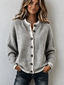 SHEIN Women Chunky Knit Button Front Cardigan, Round Neck Contrast Trim Long Sleeve Loose Fuzzy Knit Jacke - Grey - View 2