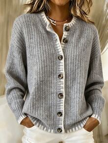 SHEIN Women Chunky Knit Button Front Cardigan, Round Neck Contrast Trim Long Sleeve Loose Fuzzy Knit Jacke - Grey - View 4