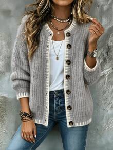 SHEIN Women Chunky Knit Button Front Cardigan, Round Neck Contrast Trim Long Sleeve Loose Fuzzy Knit Jacke - Grey - View 6