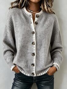 SHEIN Women Chunky Knit Button Front Cardigan, Round Neck Contrast Trim Long Sleeve Loose Fuzzy Knit Jacke - Grey - View 8