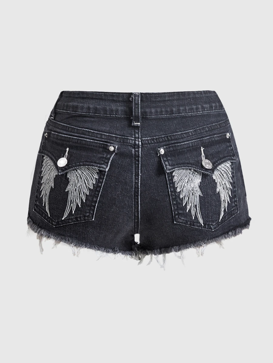 ROMWE Vintage Y2K Low Waist Super Short Zipper Rivet Pocket Embroidered Women's Denim Shorts - Black - View 1