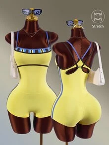 Amplova Casual Plaid Colorblock Sports Romper - Yellow - View 1