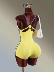 Amplova Casual Plaid Colorblock Sports Romper - Yellow - View 9
