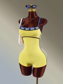 Amplova Casual Plaid Colorblock Sports Romper - Yellow - View 3
