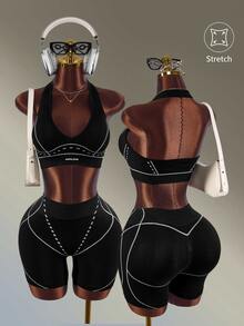 Amplova Women's Letter Print Cropped Halter Tank Top And Shorts Set - Black - View 1
