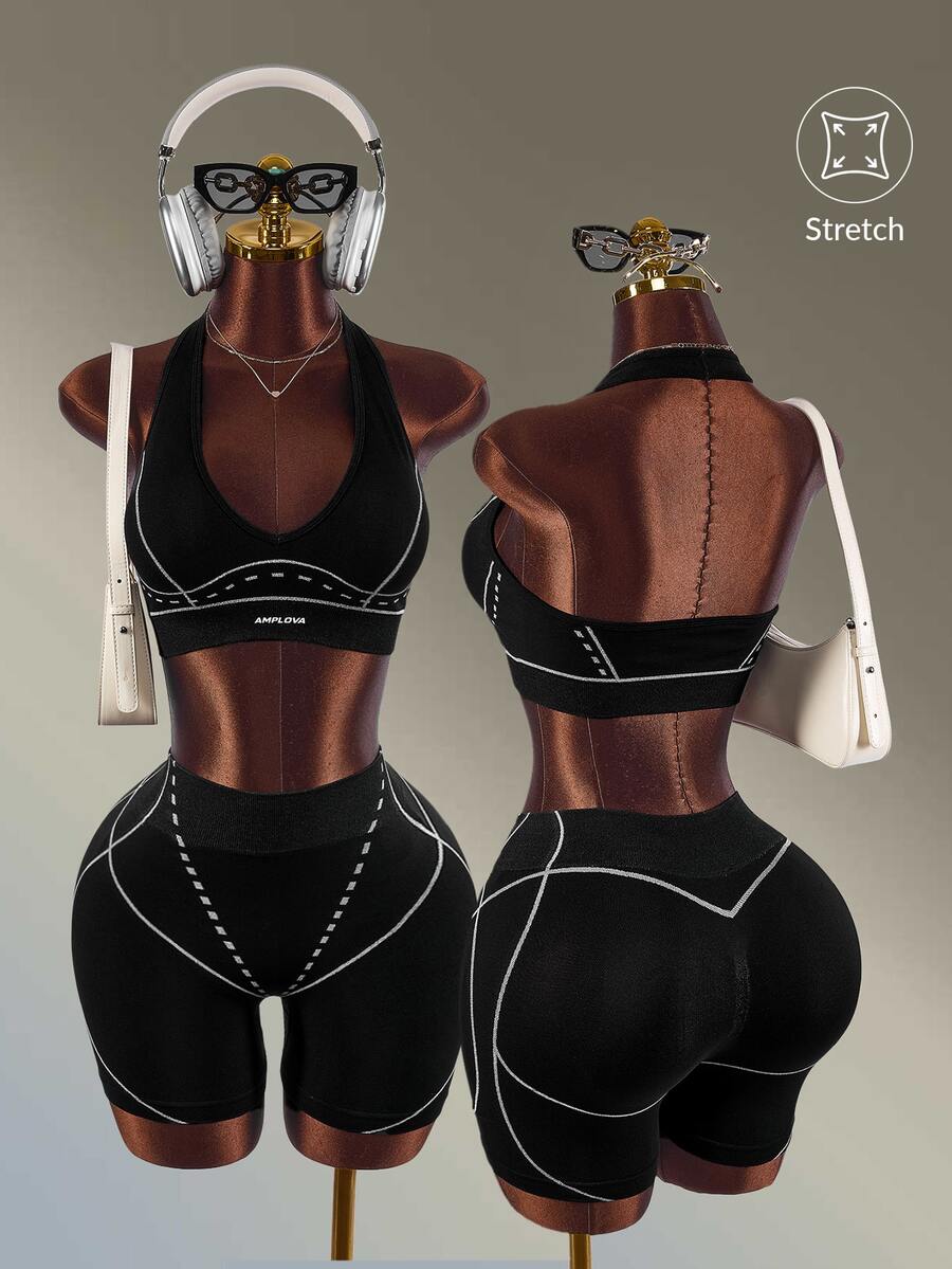 Amplova Women's Letter Print Cropped Halter Tank Top And Shorts Set - Black - View 1