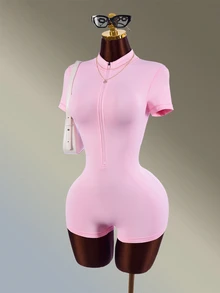 Amplova Minimalist Zipper Half-Placket Short Sleeve Sports Romper - Pink - View 3