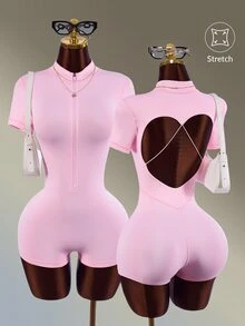 Amplova Minimalist Zipper Half-Placket Short Sleeve Sports Romper - Pink - View 1