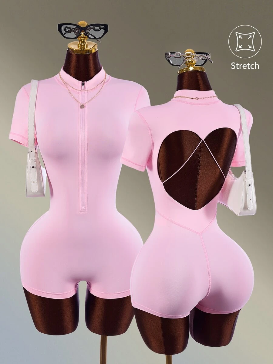 Amplova Minimalist Zipper Half-Placket Short Sleeve Sports Romper - Pink - View 1