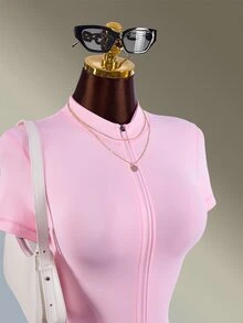 Amplova Minimalist Zipper Half-Placket Short Sleeve Sports Romper - Pink - View 10