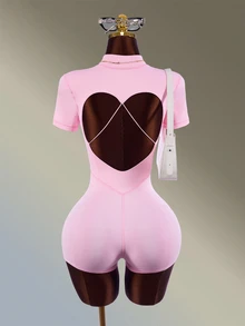 Amplova Minimalist Zipper Half-Placket Short Sleeve Sports Romper - Pink - View 6
