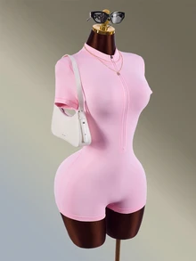 Amplova Minimalist Zipper Half-Placket Short Sleeve Sports Romper - Pink - View 4