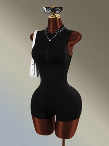 Amplova Women's Streetwear Zipper Half-Front Athletic Romper - Black - View 2
