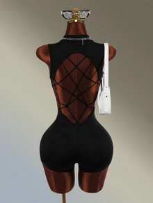 Amplova Women's Streetwear Zipper Half-Front Athletic Romper - Black - View 1