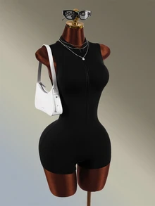 Amplova Women's Streetwear Zipper Half-Front Athletic Romper - Black - View 4