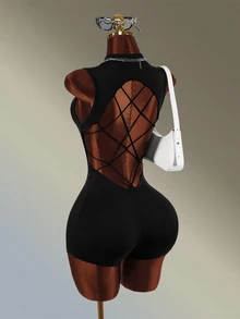 Amplova Women's Streetwear Zipper Half-Front Athletic Romper - Black - View 6