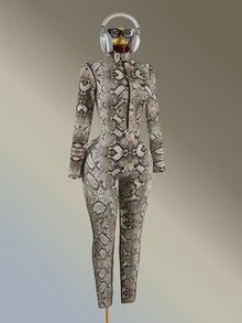 Amplova Women's Snake Print Zipper Front Stand Collar Long Sleeve Athletic Jumpsuit - Brown - View 4