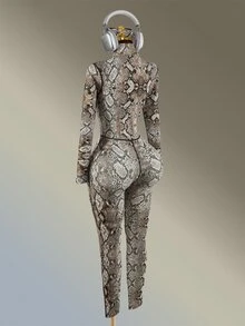 Amplova Women's Snake Print Zipper Front Stand Collar Long Sleeve Athletic Jumpsuit - Brown - View 9