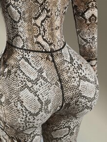 Amplova Women's Snake Print Zipper Front Stand Collar Long Sleeve Athletic Jumpsuit - Brown - View 8