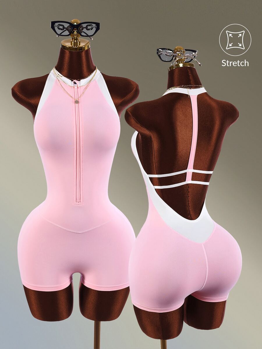 Amplova Women's Colorblock Casual Daily Outing Halter Neck Sports Romper