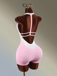 Amplova Women's Colorblock Casual Daily Outing Halter Neck Sports Romper - Pink - View 6