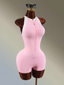 Amplova Women's Colorblock Casual Daily Outing Halter Neck Sports Romper - Pink - View 5