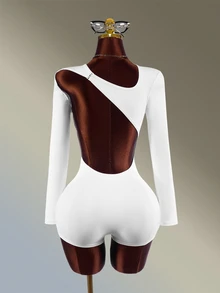 Amplova Women's Solid Color Backless Casual Daily Sports Romper White Long-Sleeved, Ultra-Short Romper Featuring An Asymmetrical, Backless Gym Yoga Workout - White - View 10