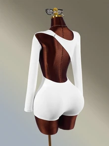 Amplova Women's Solid Color Backless Casual Daily Sports Romper White Long-Sleeved, Ultra-Short Romper Featuring An Asymmetrical, Backless Gym Yoga Workout - White - View 1