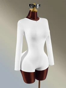 Amplova Women's Solid Color Backless Casual Daily Sports Romper White Long-Sleeved, Ultra-Short Romper Featuring An Asymmetrical, Backless Gym Yoga Workout - White - View 9