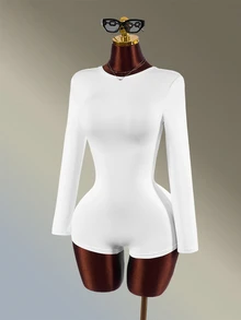 Amplova Women's Solid Color Backless Casual Daily Sports Romper White Long-Sleeved, Ultra-Short Romper Featuring An Asymmetrical, Backless Gym Yoga Workout - White - View 3