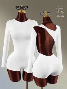 Amplova Women's Solid Color Backless Casual Daily Sports Romper White Long-Sleeved, Ultra-Short Romper Featuring An Asymmetrical, Backless Gym Yoga Workout - White - View 4