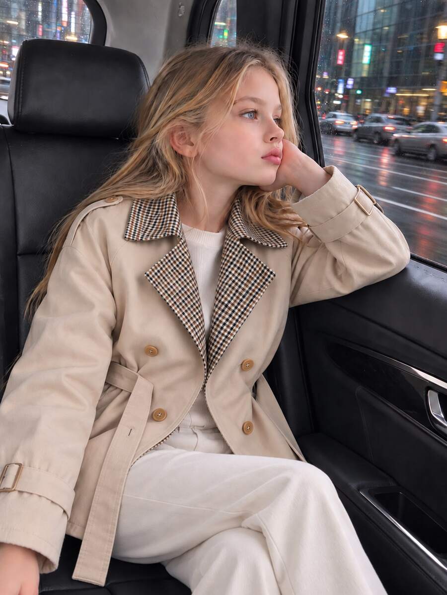 Teen Girl Fall Winter Houndstooth Stitching Double Breasted Short Trench Coat - Khaki - View 1