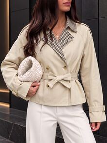 Áo khoác trench ngắn hai hàng cúc họa tiết răng sói may chần cho thiếu nữ mùa thu đông - Màu Khaki - Xem 1