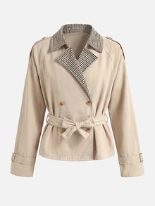 Áo khoác trench ngắn hai hàng cúc họa tiết răng sói may chần cho thiếu nữ mùa thu đông - Màu Khaki - Xem 6