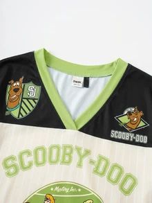 SCOOBY-DOO X SHEIN 大尺碼時尚卡通印花條紋拼接配色短袖T恤 - 綠色 - 查看 7